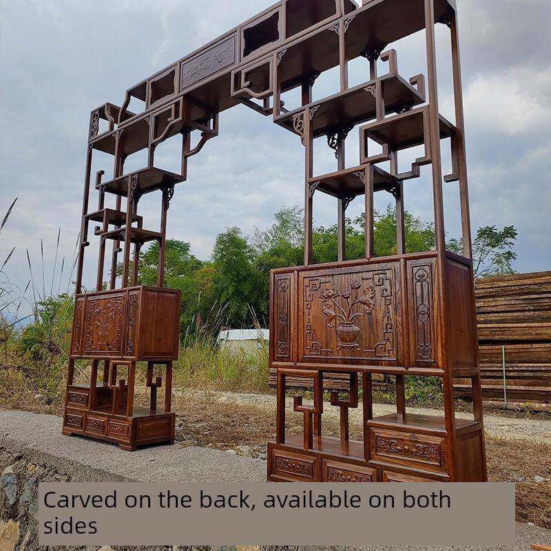 实木彷古可伸缩月洞门博古架客厅新中式隔断柜双面雕花背景墙拱门