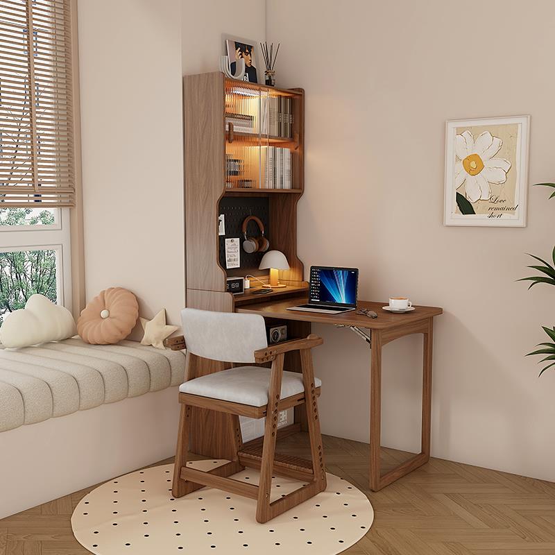 卧室实木转角书桌书柜一体小户型家用靠窗折叠电脑桌带书架写字桌