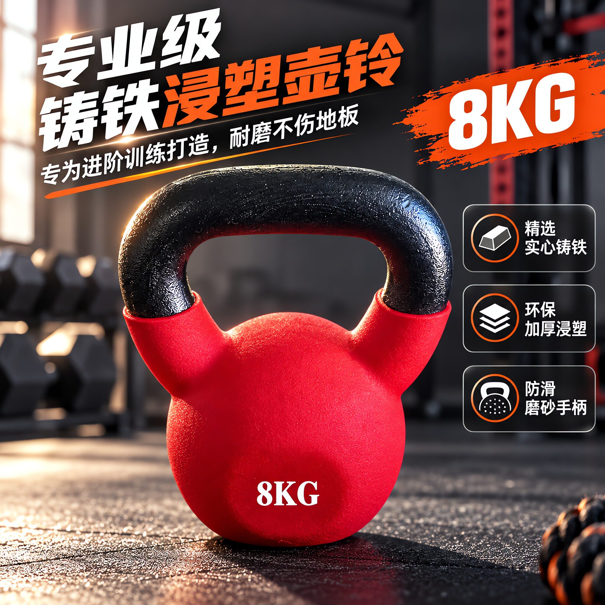 专业级铸铁壶铃8KG防滑哑铃