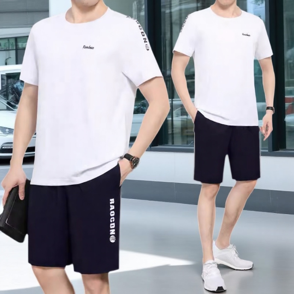 高端名牌大码圆领运动服套装夏季男士宽松短袖短裤休闲装t恤
