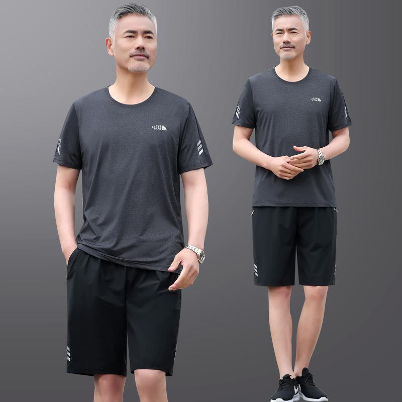高端名牌中老年男士爸爸装冰丝圆领短袖短裤健身户外跑步夏季运动