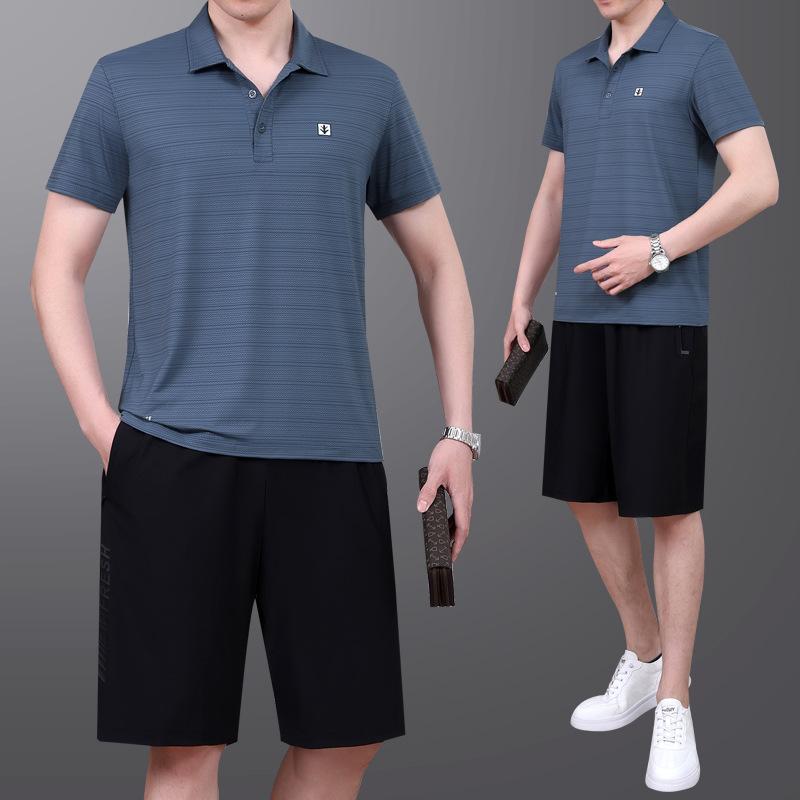 高端名牌中老年冰丝运动套装男夏季短袖短裤两件套时尚翻领polo衫