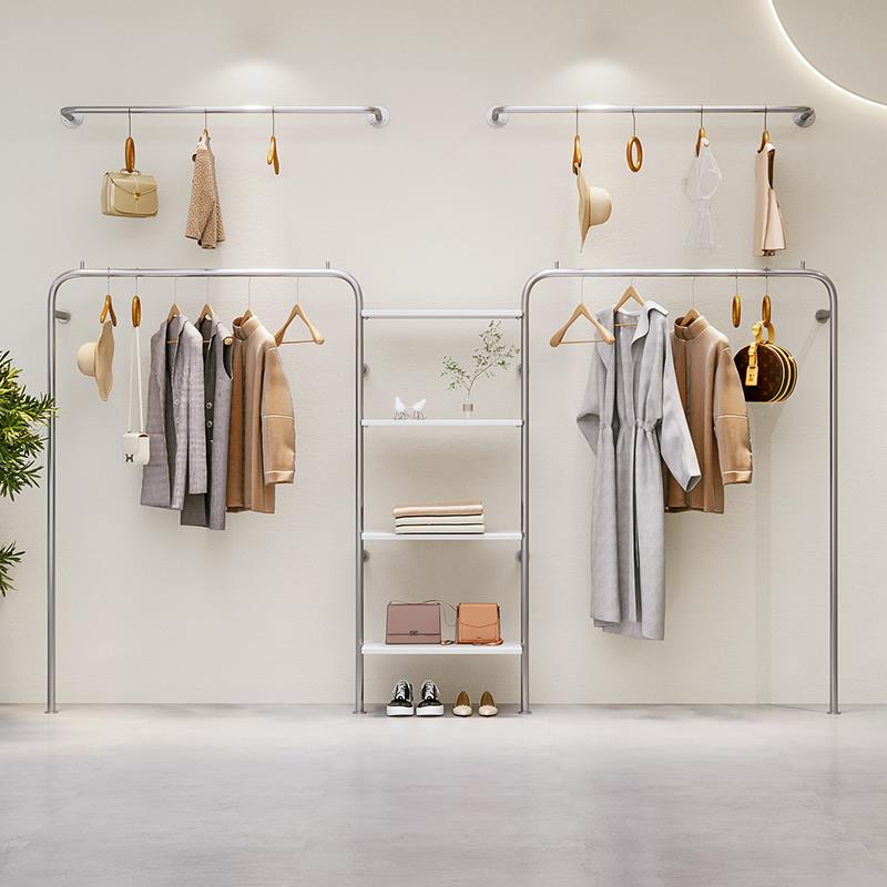 新款服装店展示架上墙女装陈列架不锈钢壁挂式多层挂衣架落地侧挂