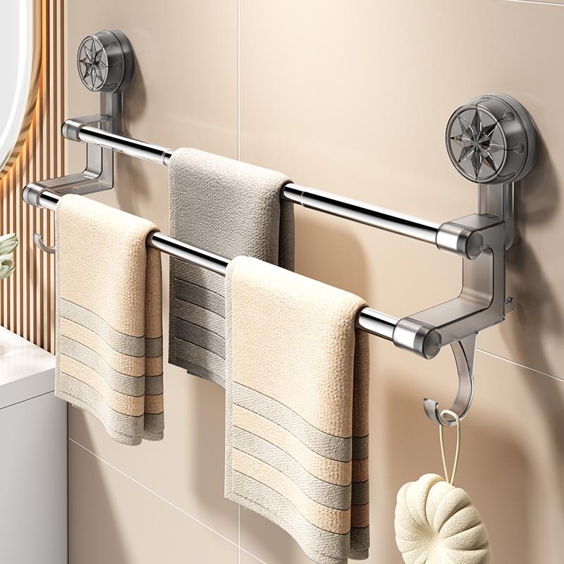 吸盘毛巾架免打孔卫生间挂毛巾杆浴室浴巾壁挂置物架单双杆收纳架