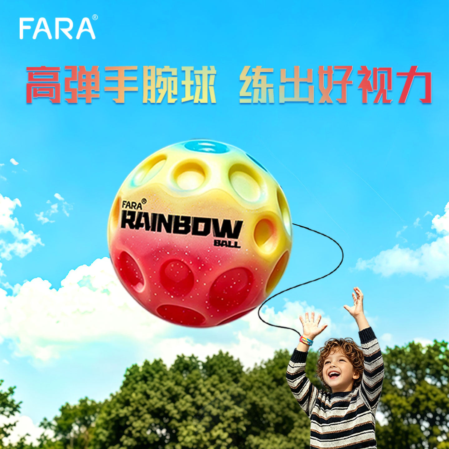 FARA带绳手腕弹力球月石球儿童视力训练超解压户外运动高弹玩具球