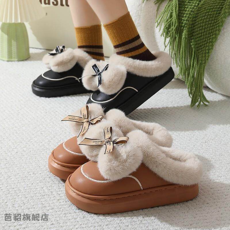 棉拖鞋士冬季蝴室内防水皮女爱拖厚底蝶03921结可加绒保暖外穿毛