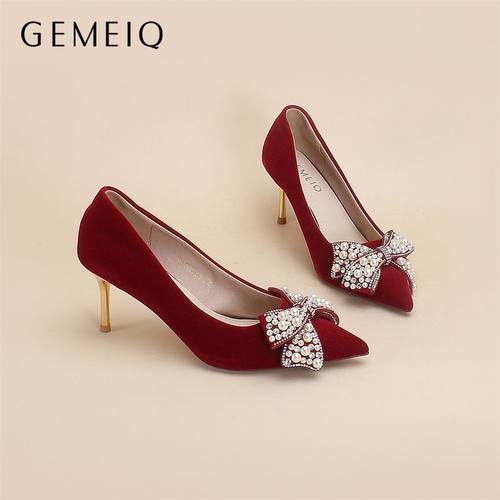 戈美其婚鞋春季新款气质红色高跟鞋新娘结婚鞋子时尚珍珠细跟单鞋