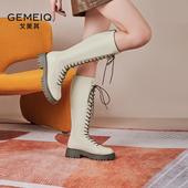 戈美其秋冬长筒靴女系带厚底英伦小个子显瘦高筒骑士靴时尚 百搭靴