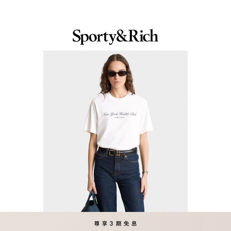 Sporty&Rich Tennis系列男女同款NY Health Club宽松字母短袖T恤