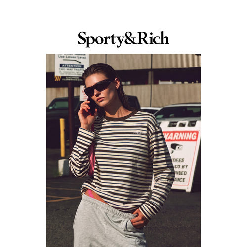 [秋冬新品]Sporty&Rich 男女同款休闲松弛感拼色条纹长袖T恤套装
