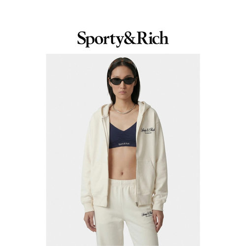 [春夏新品]Sporty&Rich 男女同款刺绣logo拉链开衫连帽卫衣外套