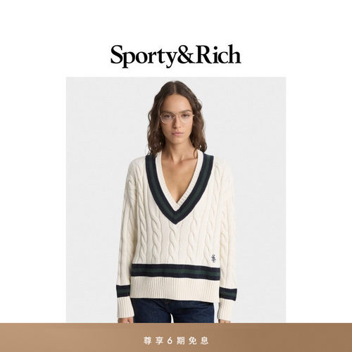 [秋冬新品]Sporty&Rich Tennis系列女士经典绞花优雅V领针织毛衣