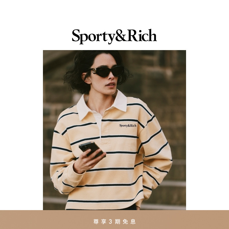 [明星同款]Sporty&Rich Preppy系列女士学院风条纹长袖Polo卫衣