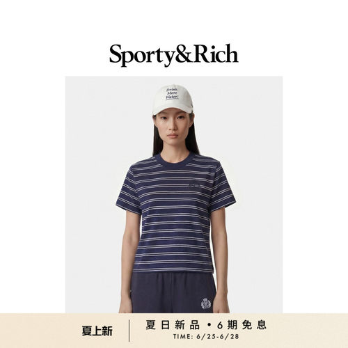 [春夏新品]Sporty&Rich 女士美式徽章学院风时尚拼色条纹修身T恤