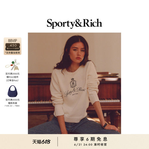 Sporty&Rich Preppy系列女士学院风美式复古休闲圆领刺绣毛衣