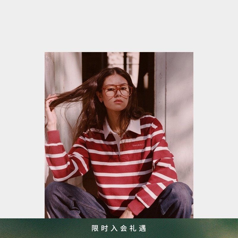 [明星同款]Sporty&Rich Preppy系列女士学院红条纹长袖Polo上衣