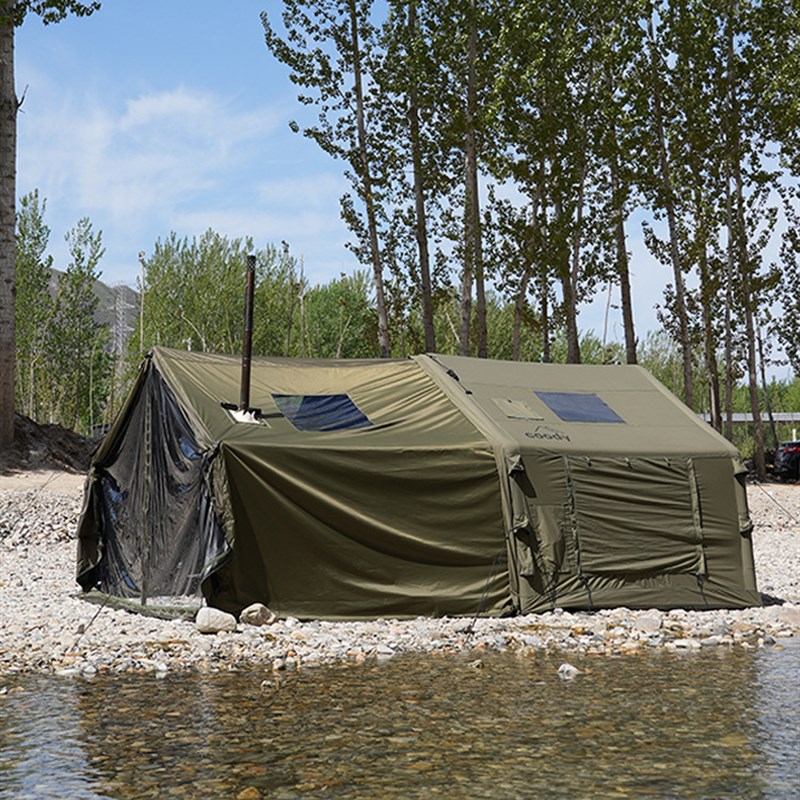 军鑫Coody户外露营军绿充气帐篷一室一厅棉布防雨黑胶天幕野营帐