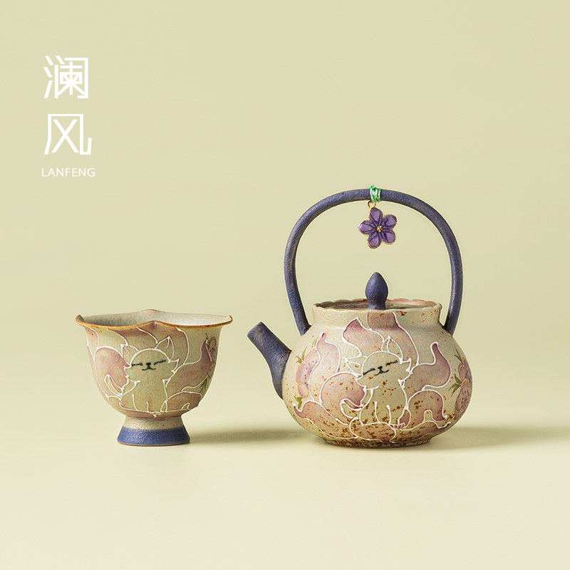 澜风火石红功夫茶具套组纯手绘九尾仙狐陶瓷茶壶茶杯带茶盘新中式