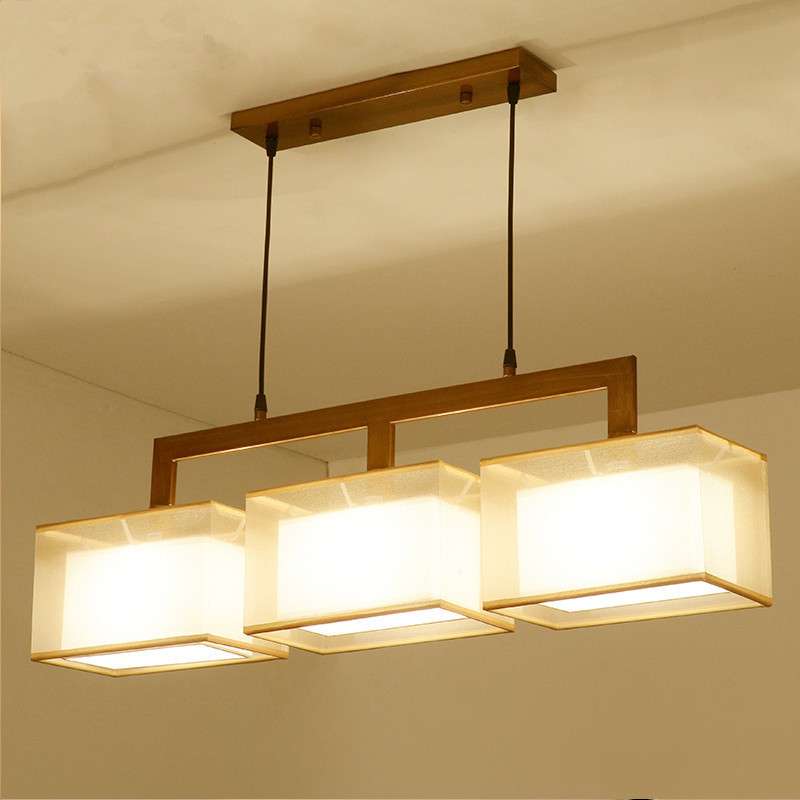 新中式餐厅吊灯三头布艺现代简约吧台灯具创意铁艺仿古长方形灯饰