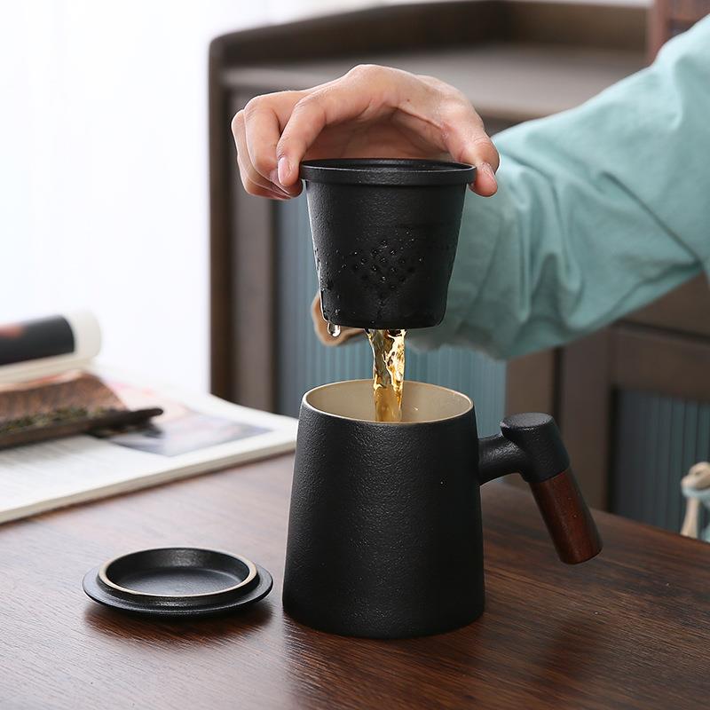 陶瓷木柄水杯三件套过滤带盖家用办公室大容量泡茶杯礼盒套装