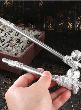 0霸气龙头旱烟杆黄铜烟斗黄铜镀银老式烟嘴过滤式铜工艺品收藏摆