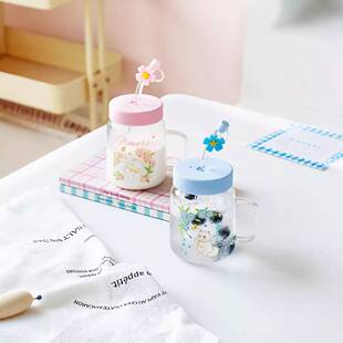 浮雕透明猫咪高温玻璃杯可爱大容量带盖吸管学生女牛奶早餐杯礼物