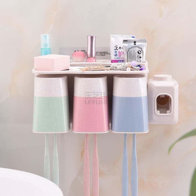 三口之家免打孔四口壁挂情侣小麦秸秆牙刷架漱口杯刷牙杯洗漱套装