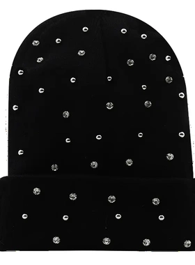 黑色欧美珍珠棉针织帽女士冬季防风套头帽超柔暖保暖针织帽子