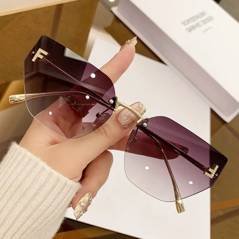 新款墨镜欧美时尚复古镶钻切边眼镜正反金属字母f框太阳镜