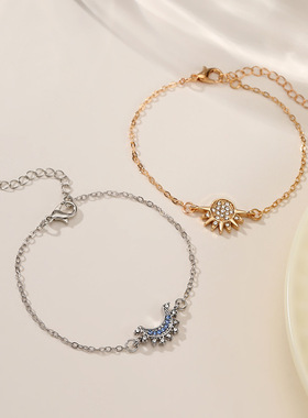 日月同辉叠戴手饰欧美个性简约设计镶钻日月情侣手链情人节礼