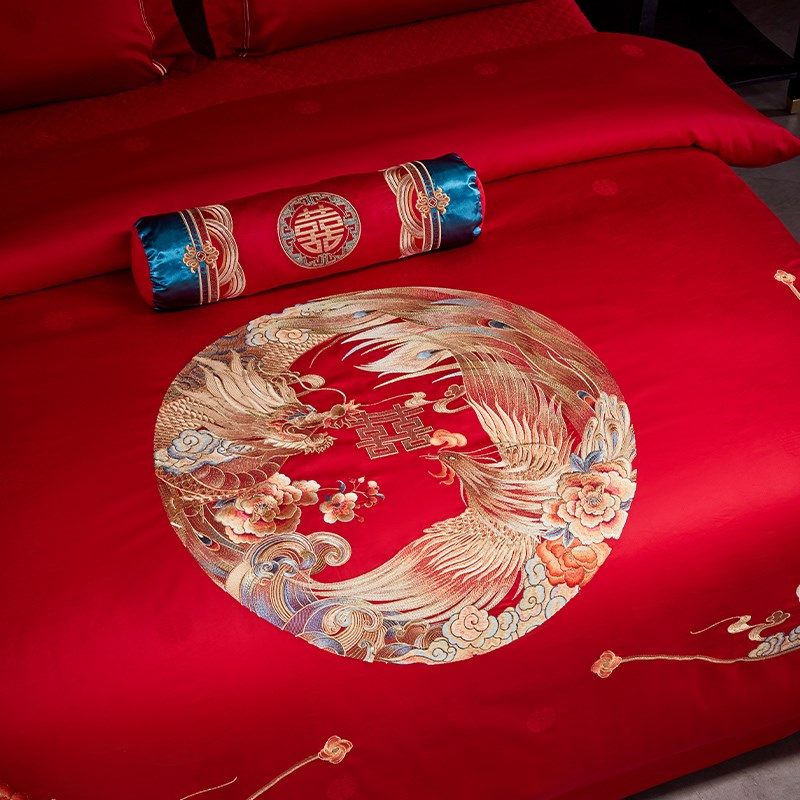 中式婚礼龙凤四件套全棉100SA长绒棉刺绣大红色结婚被套床单床品