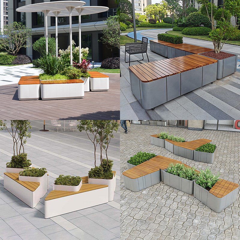 户外座椅花箱不锈钢组合广场街道长方形卡M座花槽铁艺坐凳花池定