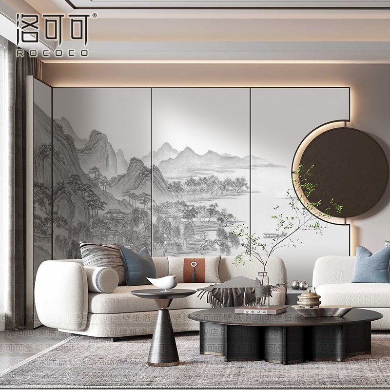 中式古风山水画壁布客q厅电视背景墙壁纸禅意壁画卧室书房墙布新