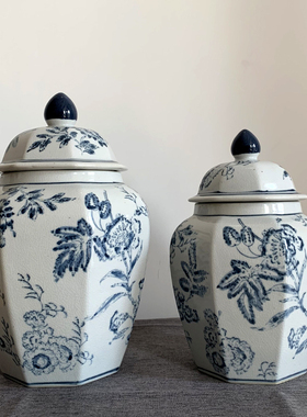 青花瓷手绘缠枝花纹八角将军罐y景德镇陶瓷摆件仿古官窑装饰储物