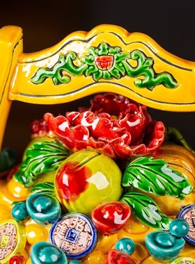 《一统财富》交趾陶双面s刻字一桶金摆件招聚水桶财家用客厅聚宝