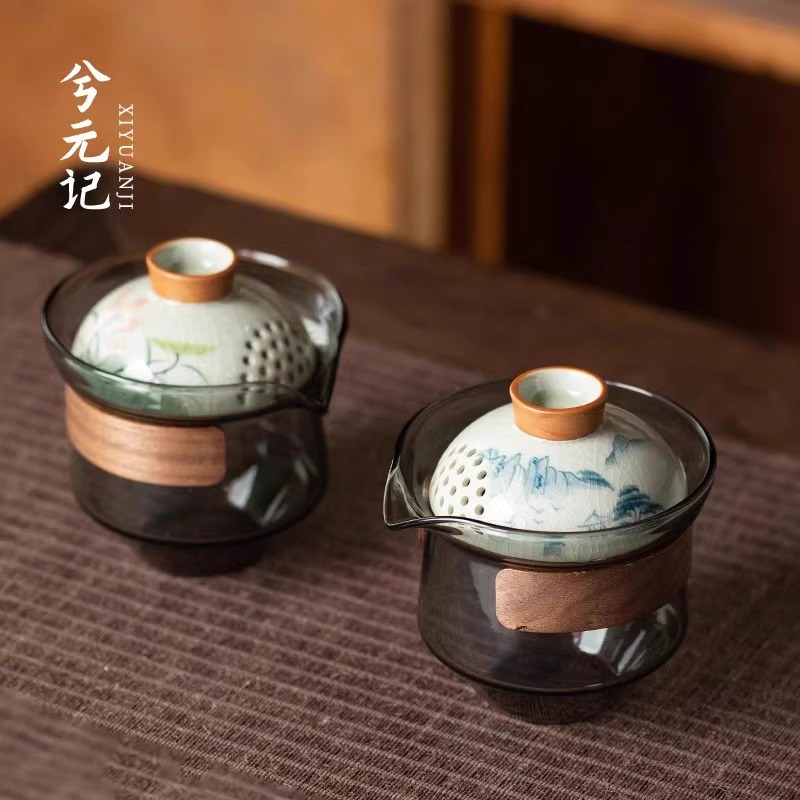 兮元记玻璃盖碗茶杯m单个高档手抓壶旅行茶具便携套装泡茶专用小
