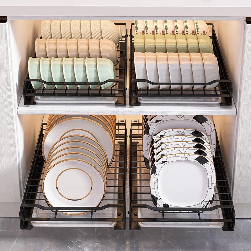 不锈钢厨房抽拉碗碟收纳架橱柜内B置物架抽屉式拉篮碗架沥水碗盘