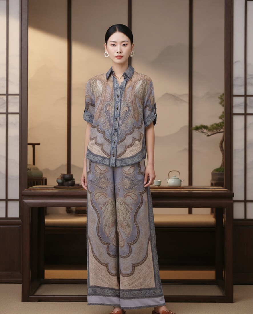 纯爱战士小白花款早春新款印花真丝女士套装上衣长裤套装＃995＃3
