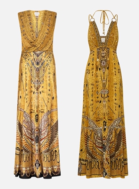 澳洲Camilla卡米拉真丝印花金黄色出片镶钻仙女连衣裙#665#3@