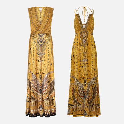 真丝印花金黄色出片镶钻连衣裙