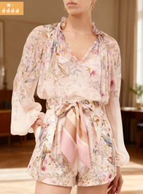 时尚高品-春秋新款花朵立领上衣短裤浪漫碎花女士套装2件套#946@