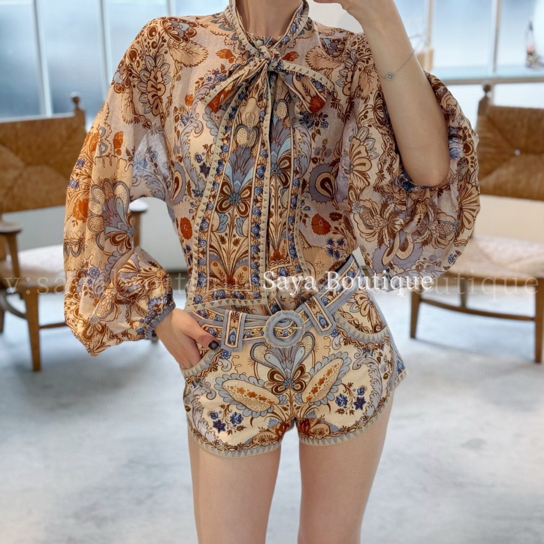 亚麻花卉图案立领衬衫短裤套装