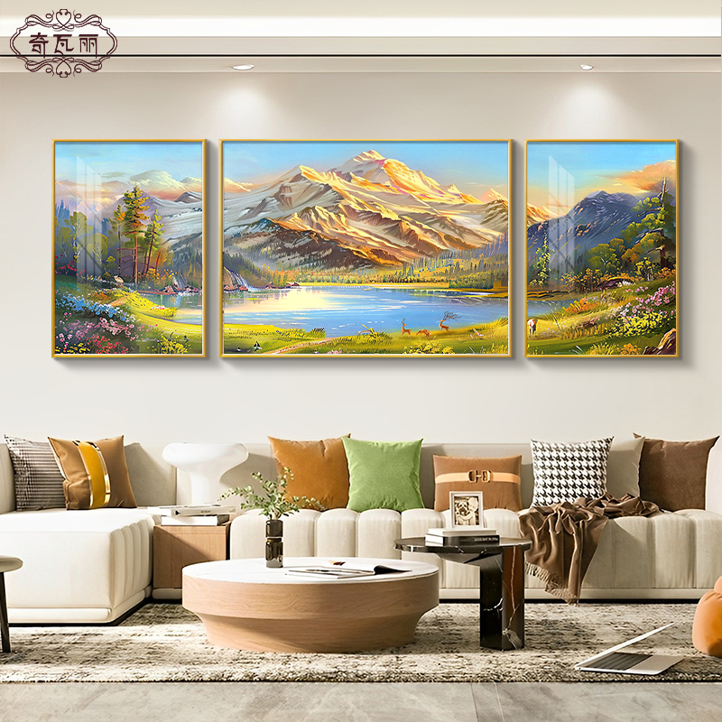 山水画靠山图客厅装饰画手绘油画沙发背景墙挂画2024新款三联壁画