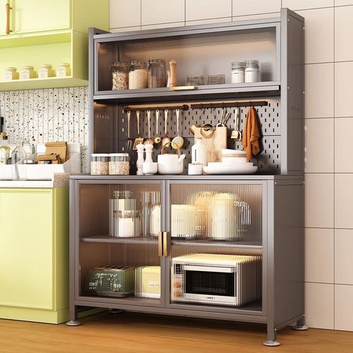 上翻门厨房整理收纳储物柜多层夹缝带门多功能操作台面双色餐边柜