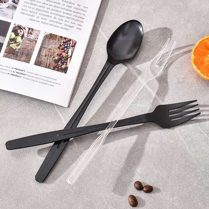 包邮PS21cm一次性长柄磨砂手柄奶茶勺西餐餐具汤勺叉黑透明餐叉勺