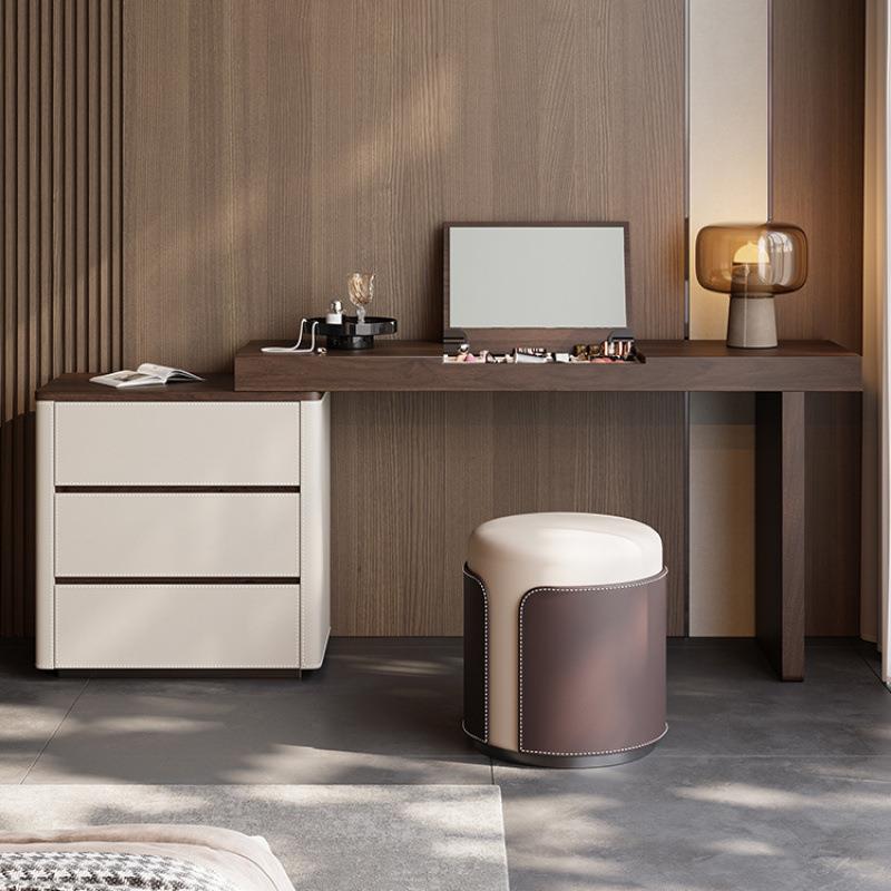 全实木家用梳妆台梳妆桌主卧马鞍皮饰面翻转镜实用高端书桌梳妆台