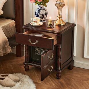 美式全实木床头柜带保险箱一体核桃木原木复古卧室储物床边柜802