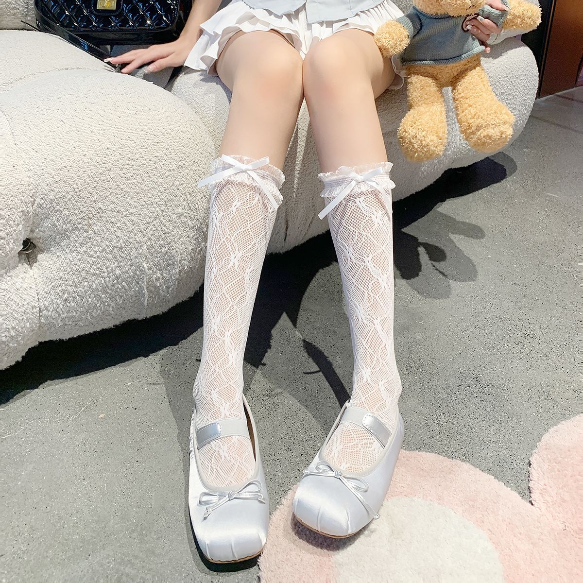 韩系白色蕾丝花边蝴蝶结小腿袜女秋季新款jk洛丽塔中筒堆堆网袜子