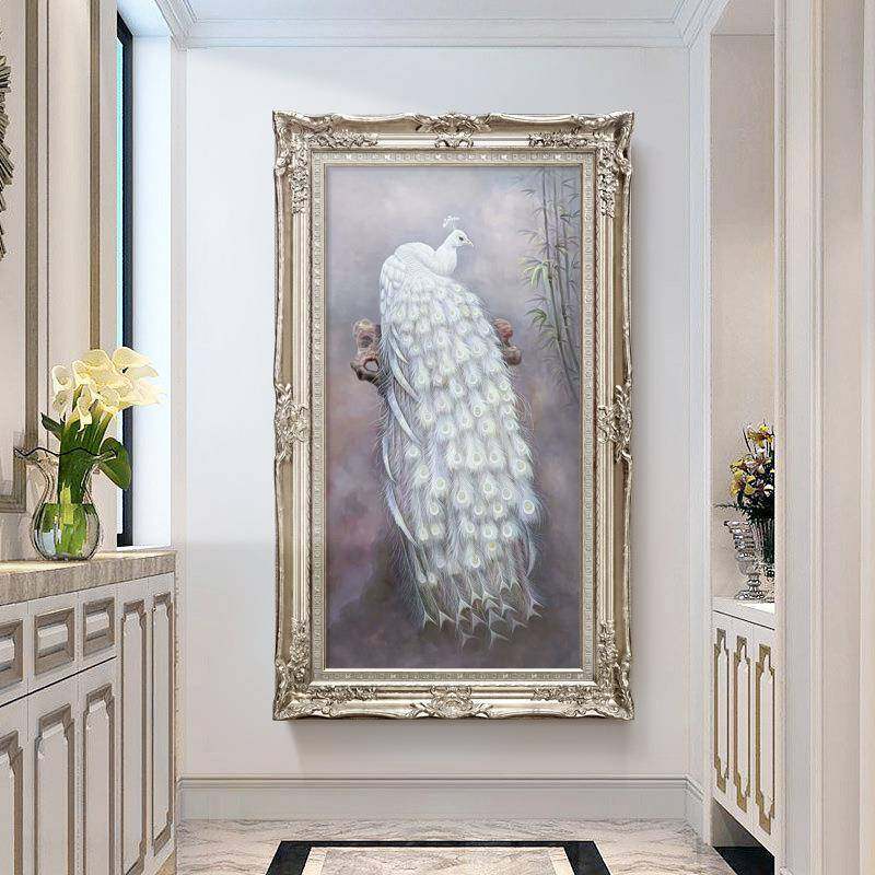 孔雀油画玄关装饰画新中式美式动物物挂画欧式入户新中式走廊过道