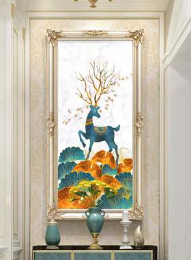入户玄关装饰画简欧美式走廊竖版走廊壁画过道画轻奢动物孔雀油画